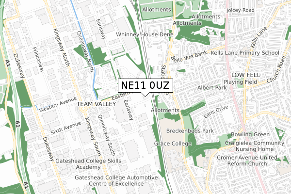 NE11 0UZ map - small scale - OS Open Zoomstack (Ordnance Survey)