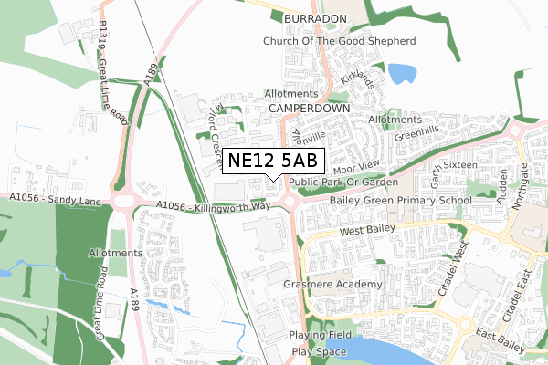 NE12 5AB map - small scale - OS Open Zoomstack (Ordnance Survey)