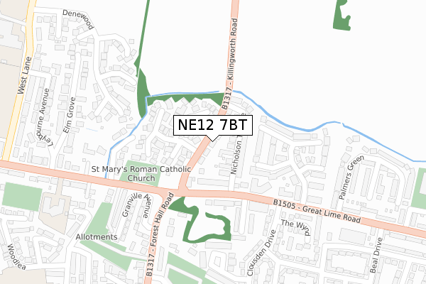 NE12 7BT map - large scale - OS Open Zoomstack (Ordnance Survey)
