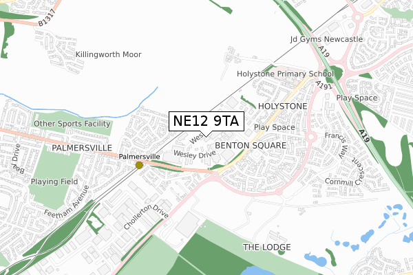 NE12 9TA map - small scale - OS Open Zoomstack (Ordnance Survey)