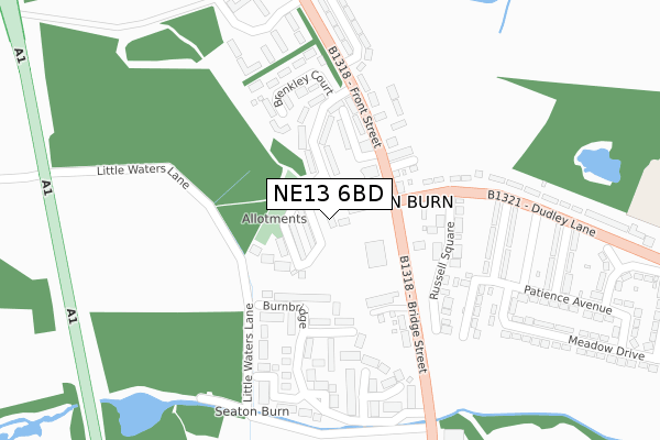 NE13 6BD map - large scale - OS Open Zoomstack (Ordnance Survey)