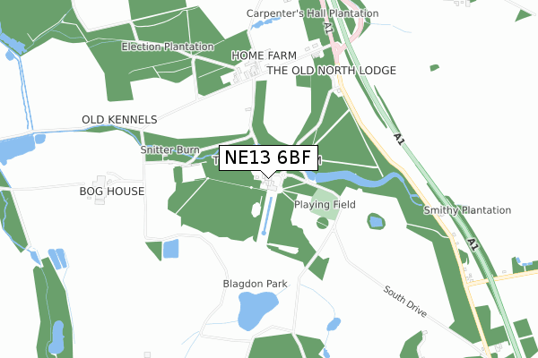 NE13 6BF map - small scale - OS Open Zoomstack (Ordnance Survey)