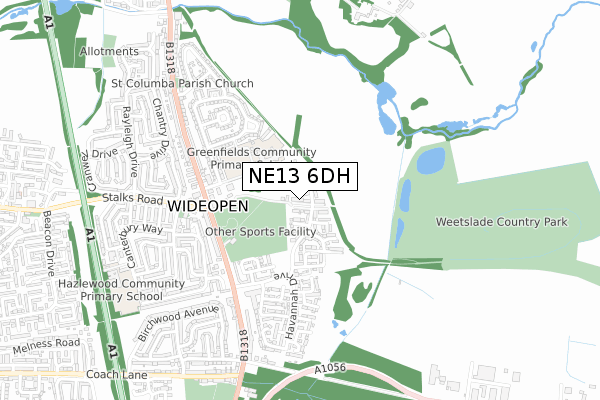 NE13 6DH map - small scale - OS Open Zoomstack (Ordnance Survey)