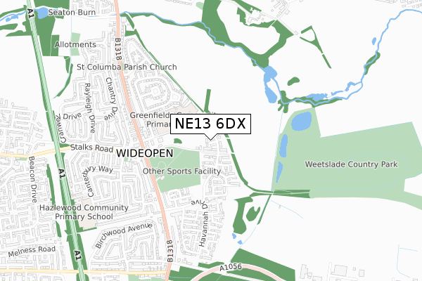 NE13 6DX map - small scale - OS Open Zoomstack (Ordnance Survey)