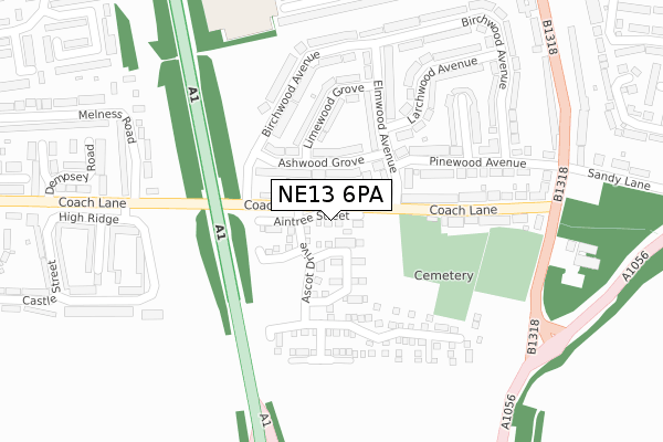NE13 6PA map - large scale - OS Open Zoomstack (Ordnance Survey)