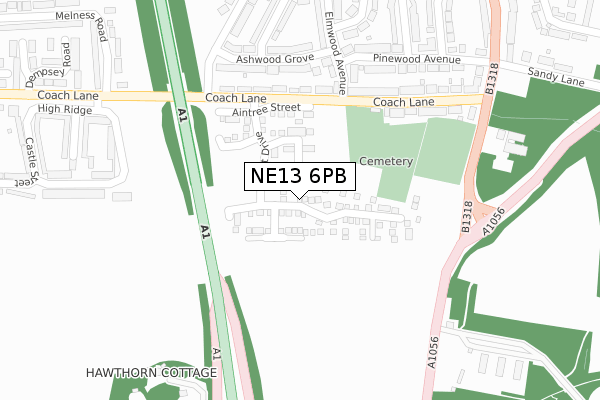 NE13 6PB map - large scale - OS Open Zoomstack (Ordnance Survey)