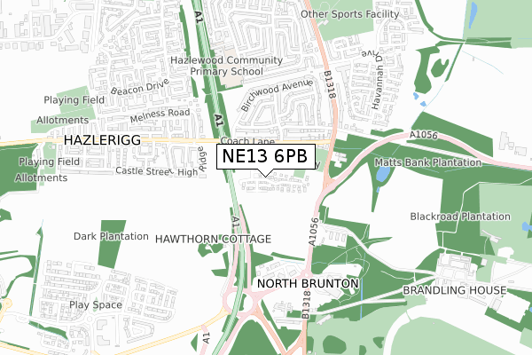 NE13 6PB map - small scale - OS Open Zoomstack (Ordnance Survey)