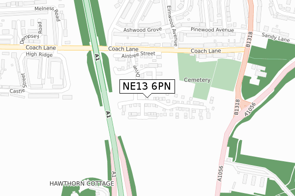 NE13 6PN map - large scale - OS Open Zoomstack (Ordnance Survey)