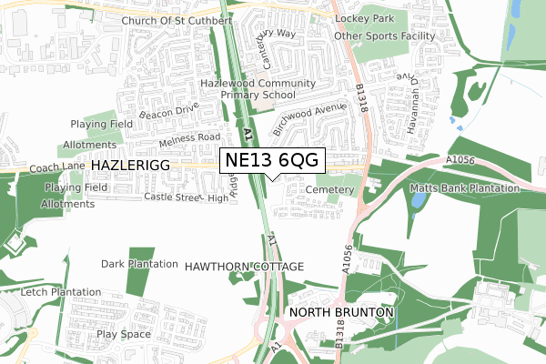 NE13 6QG map - small scale - OS Open Zoomstack (Ordnance Survey)