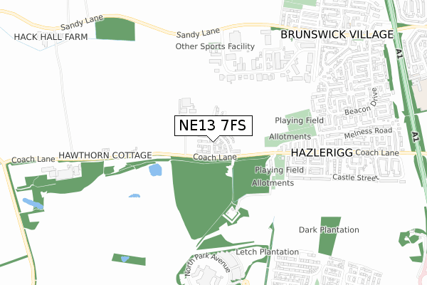 NE13 7FS map - small scale - OS Open Zoomstack (Ordnance Survey)