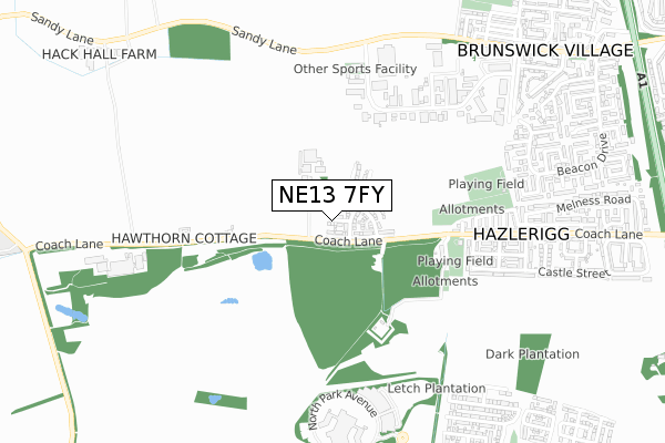 NE13 7FY map - small scale - OS Open Zoomstack (Ordnance Survey)