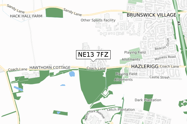 NE13 7FZ map - small scale - OS Open Zoomstack (Ordnance Survey)