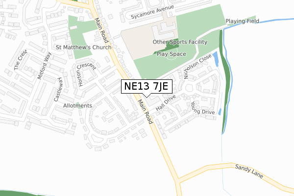 NE13 7JE map - large scale - OS Open Zoomstack (Ordnance Survey)