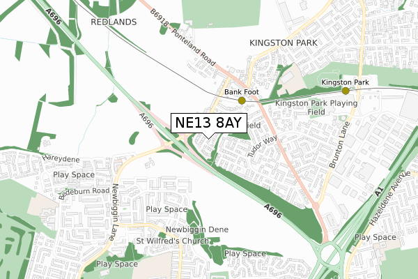 NE13 8AY map - small scale - OS Open Zoomstack (Ordnance Survey)