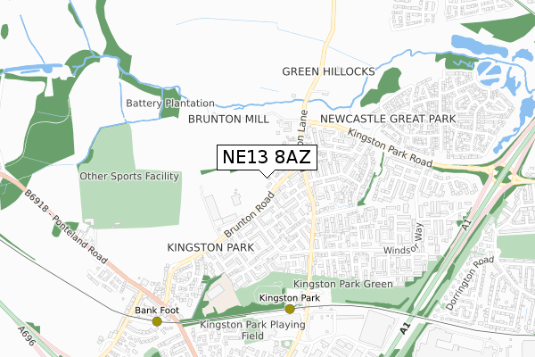 NE13 8AZ map - small scale - OS Open Zoomstack (Ordnance Survey)
