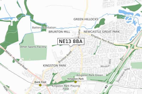 NE13 8BA map - small scale - OS Open Zoomstack (Ordnance Survey)