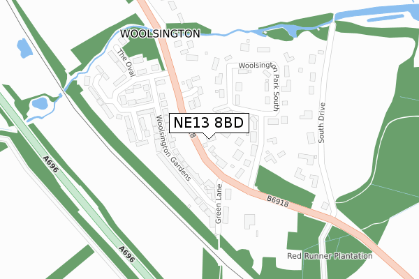 NE13 8BD map - large scale - OS Open Zoomstack (Ordnance Survey)