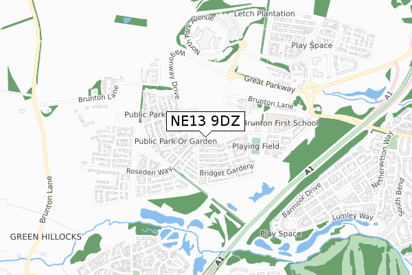 NE13 9DZ map - small scale - OS Open Zoomstack (Ordnance Survey)