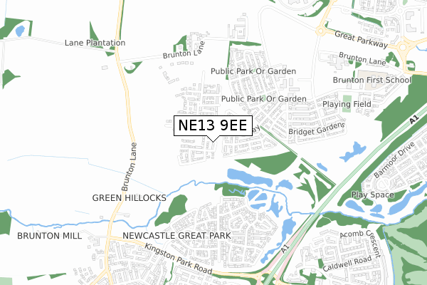 NE13 9EE map - small scale - OS Open Zoomstack (Ordnance Survey)