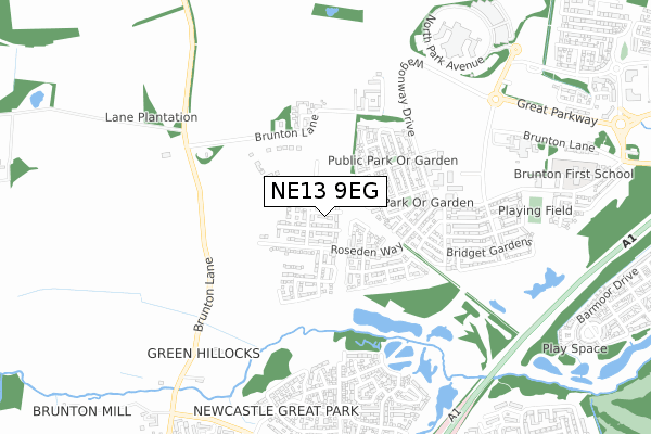 NE13 9EG map - small scale - OS Open Zoomstack (Ordnance Survey)