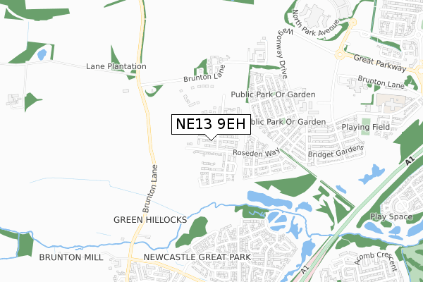 NE13 9EH map - small scale - OS Open Zoomstack (Ordnance Survey)