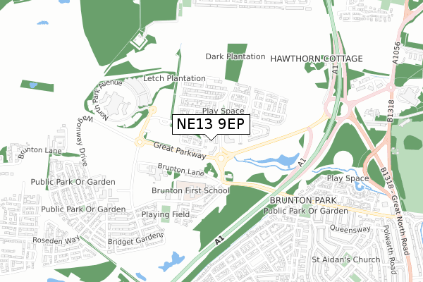 NE13 9EP map - small scale - OS Open Zoomstack (Ordnance Survey)