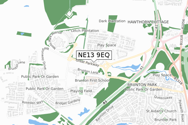 NE13 9EQ map - small scale - OS Open Zoomstack (Ordnance Survey) NE13 9EQ map - small scale - OS Open Zoomstack (Ordnance Survey)