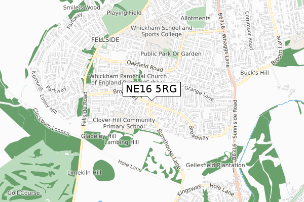 NE16 5RG map - small scale - OS Open Zoomstack (Ordnance Survey)