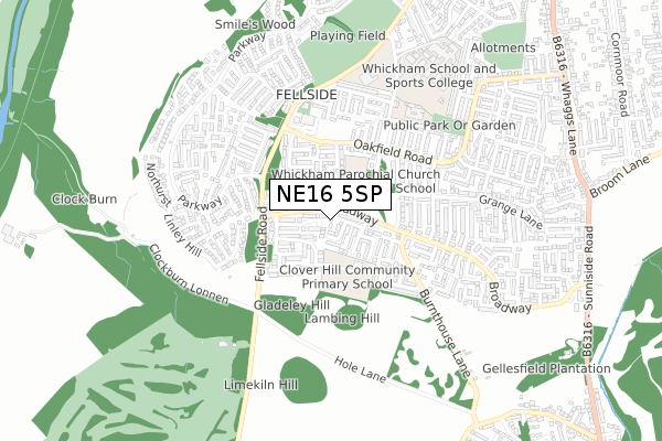 NE16 5SP map - small scale - OS Open Zoomstack (Ordnance Survey)