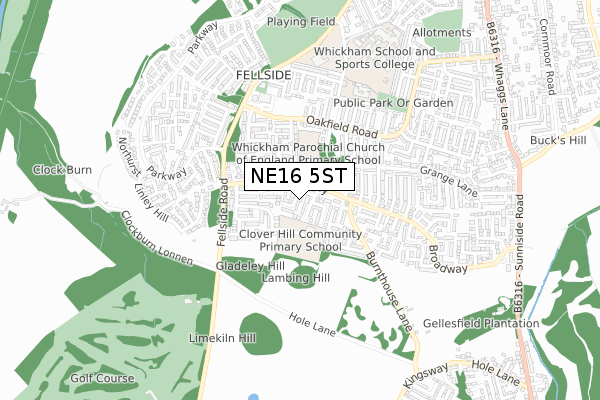 NE16 5ST map - small scale - OS Open Zoomstack (Ordnance Survey)