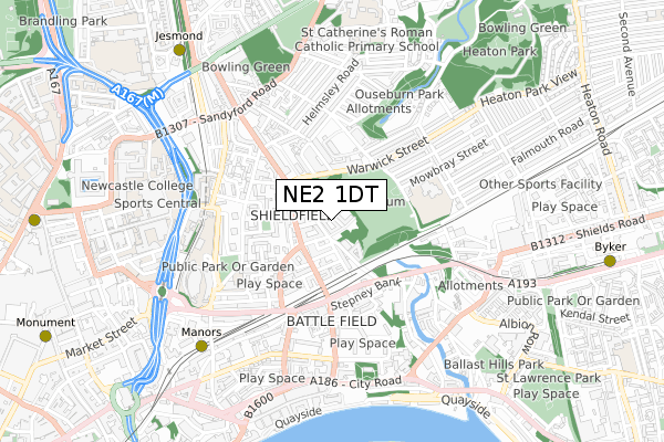 NE2 1DT map - small scale - OS Open Zoomstack (Ordnance Survey)