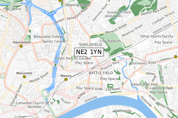 NE2 1YN map - small scale - OS Open Zoomstack (Ordnance Survey)