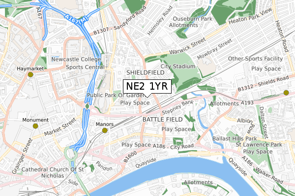 NE2 1YR map - small scale - OS Open Zoomstack (Ordnance Survey)