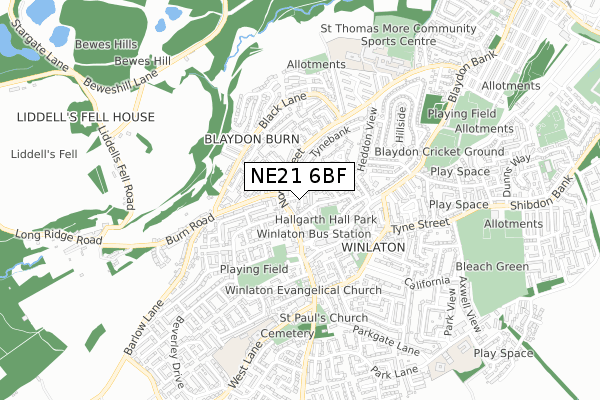 NE21 6BF map - small scale - OS Open Zoomstack (Ordnance Survey)