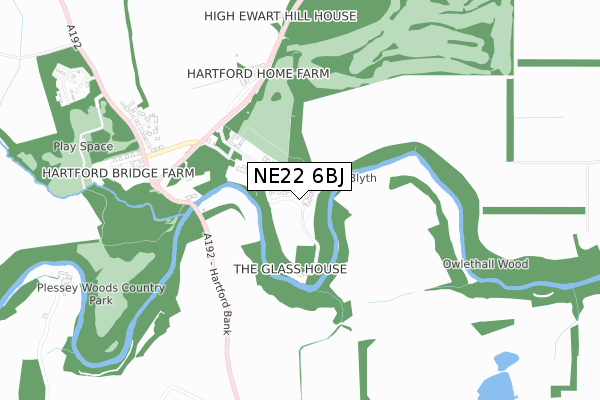 NE22 6BJ map - small scale - OS Open Zoomstack (Ordnance Survey)