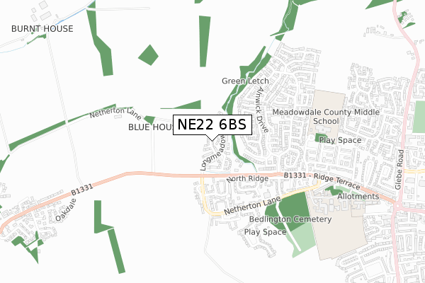 NE22 6BS map - small scale - OS Open Zoomstack (Ordnance Survey)