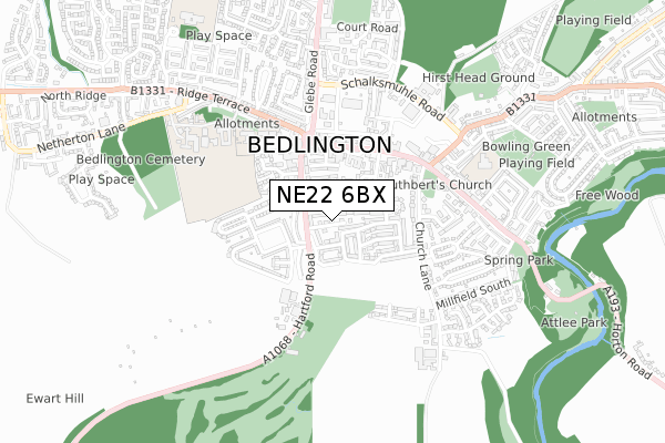 NE22 6BX map - small scale - OS Open Zoomstack (Ordnance Survey)