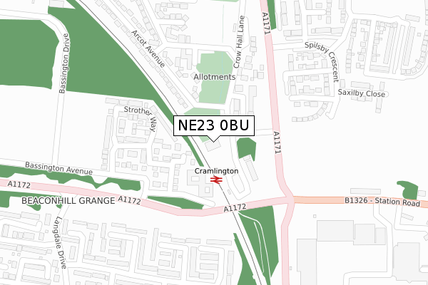 NE23 0BU map - large scale - OS Open Zoomstack (Ordnance Survey)