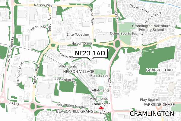 NE23 1AD map - small scale - OS Open Zoomstack (Ordnance Survey)