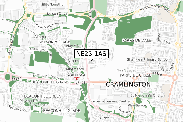 NE23 1AS map - small scale - OS Open Zoomstack (Ordnance Survey)