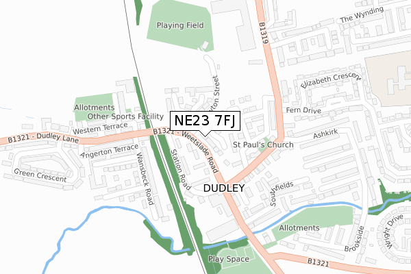 NE23 7FJ map - large scale - OS Open Zoomstack (Ordnance Survey)