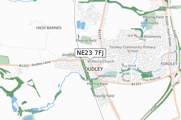 NE23 7FJ map - small scale - OS Open Zoomstack (Ordnance Survey)