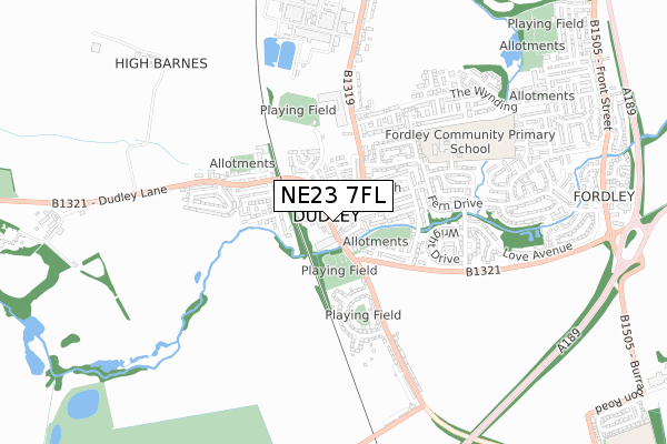 NE23 7FL map - small scale - OS Open Zoomstack (Ordnance Survey)