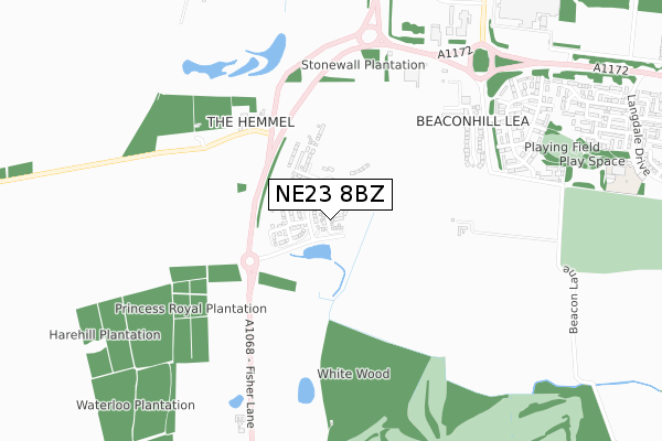 NE23 8BZ map - small scale - OS Open Zoomstack (Ordnance Survey)