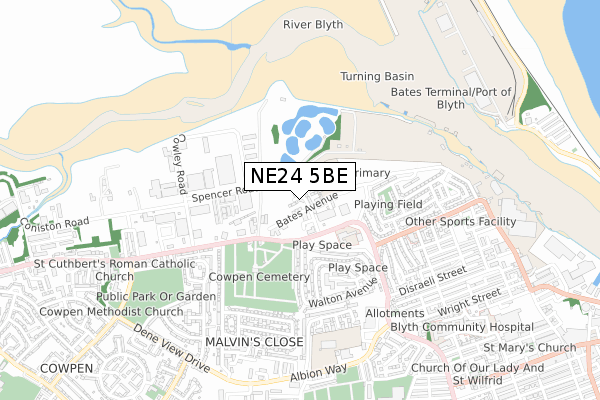 NE24 5BE map - small scale - OS Open Zoomstack (Ordnance Survey)