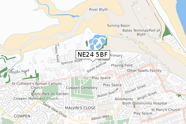 NE24 5BF map - small scale - OS Open Zoomstack (Ordnance Survey)