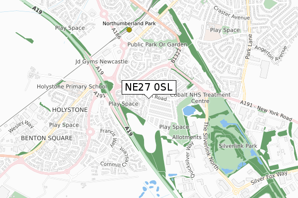NE27 0SL map - small scale - OS Open Zoomstack (Ordnance Survey)