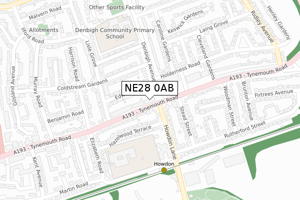 NE28 0AB map - large scale - OS Open Zoomstack (Ordnance Survey)
