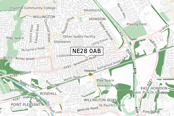 NE28 0AB map - small scale - OS Open Zoomstack (Ordnance Survey)