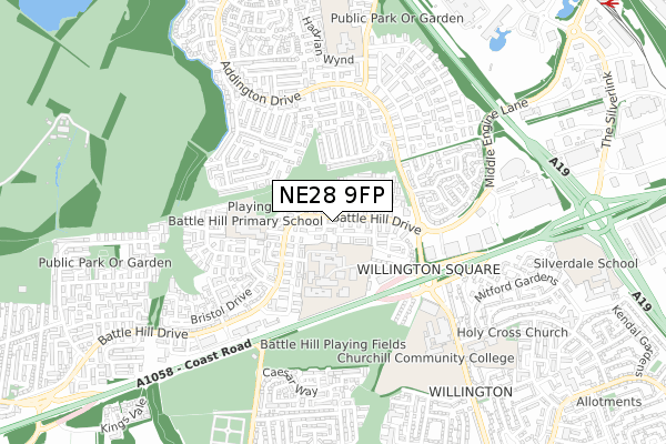 NE28 9FP map - small scale - OS Open Zoomstack (Ordnance Survey)